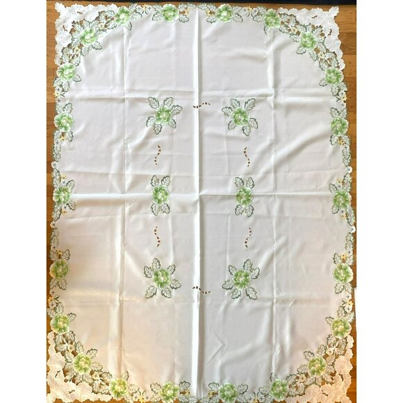 Embroidered White Rectangle Tablecloth Floral Green Yellow Lace 6 Napkin 67"x51" - Picture 1 of 10